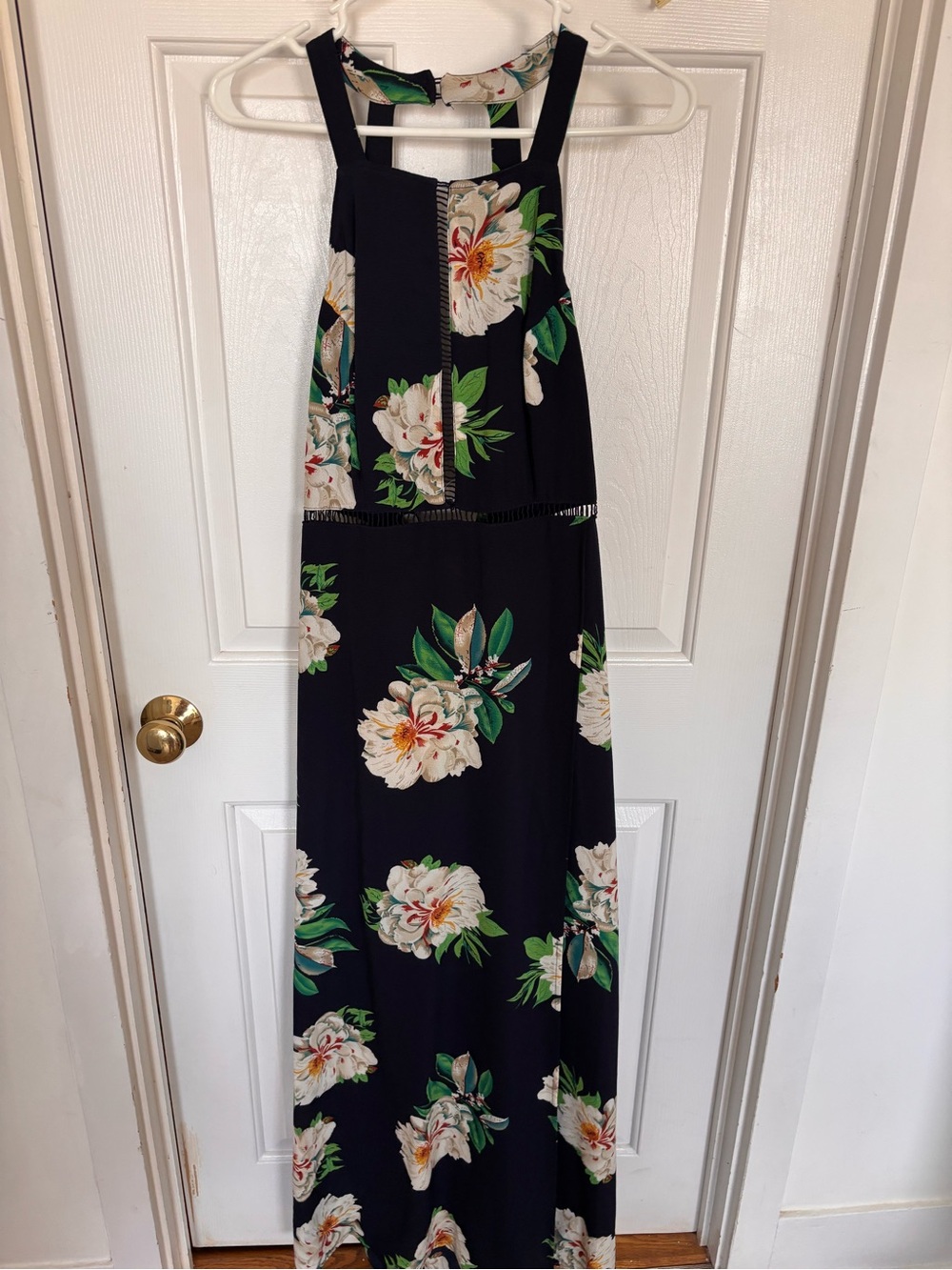 Dark Navy Floral Maxi Skirt with Cream Blooms
